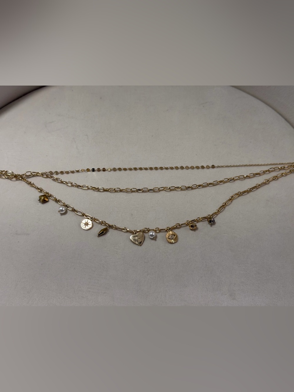 Style & Co Gold Tone Triple Strand Charm Necklace Heart Star Pearl